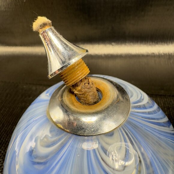 Vintage Pulled Feather Art Glass Oil Lamp Container Orb Blue White Dot Container - Picture 5 of 11